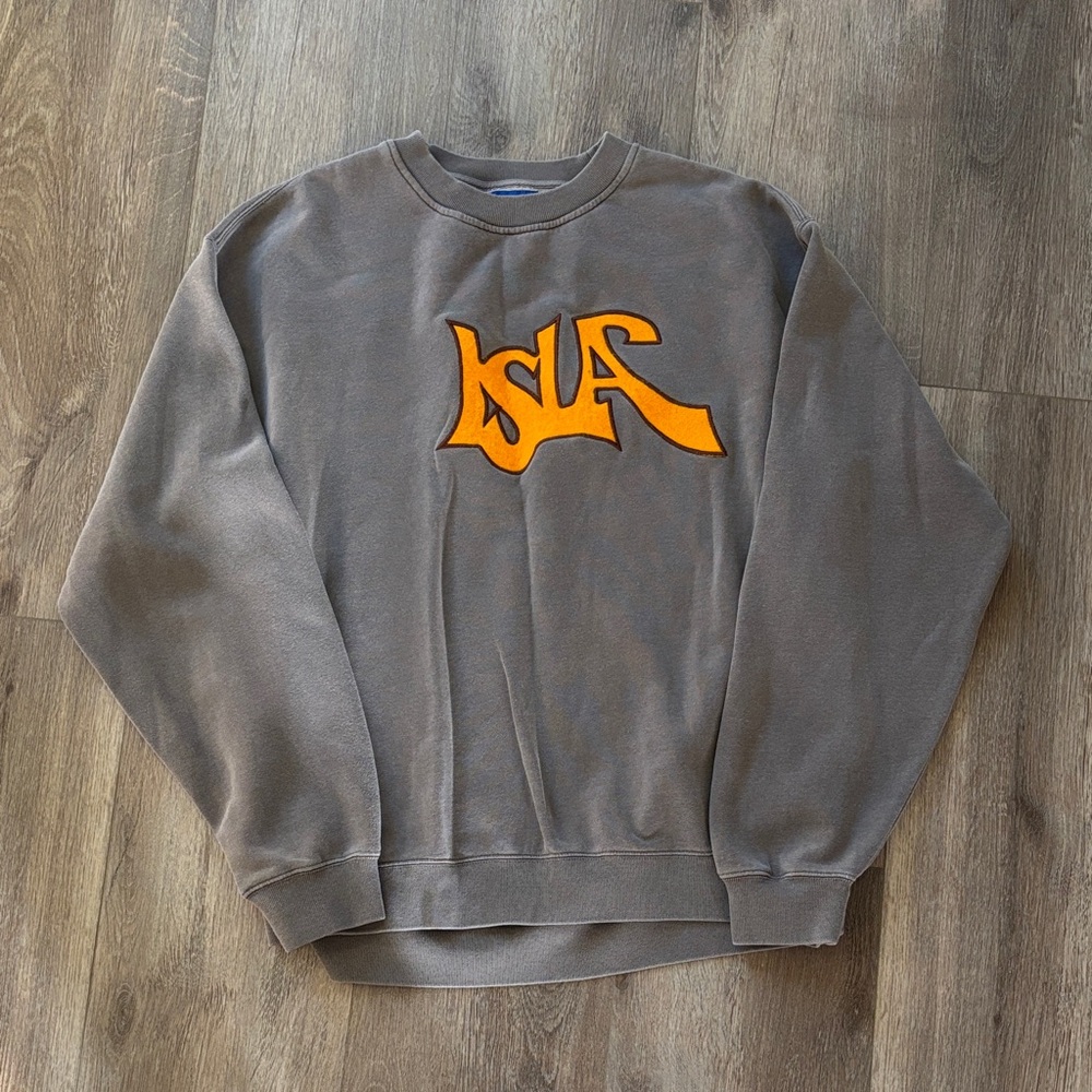 Stylish Gray Crewneck Sweater with Bold Orange Design